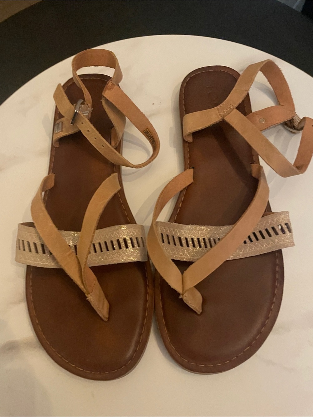 Toms Tan Sandals with Gold Accent Straps